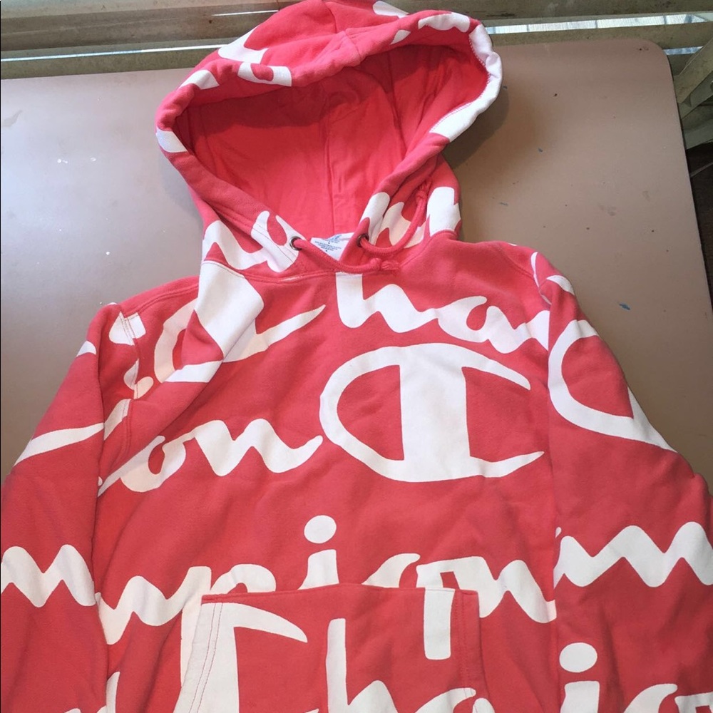 Orange and white all over print champion hoodie